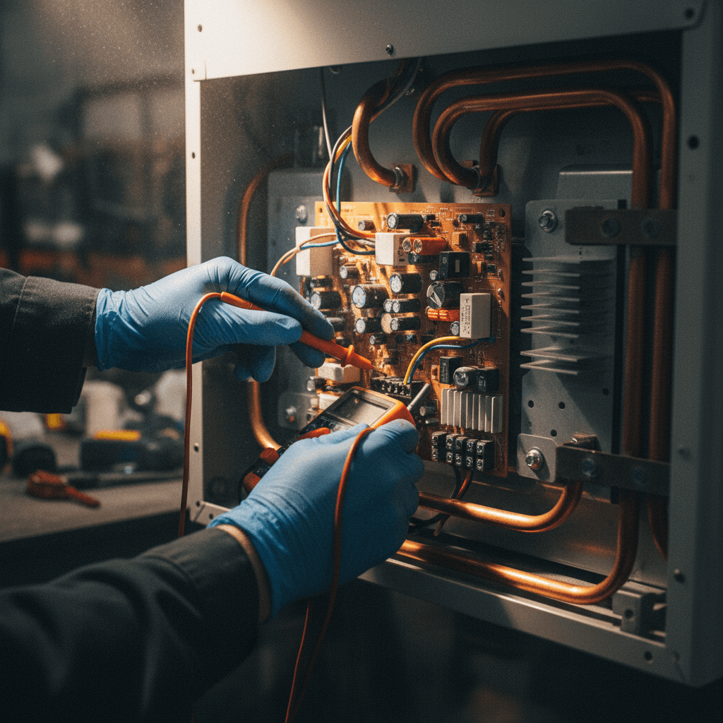 AC repair technician testing electrical connections