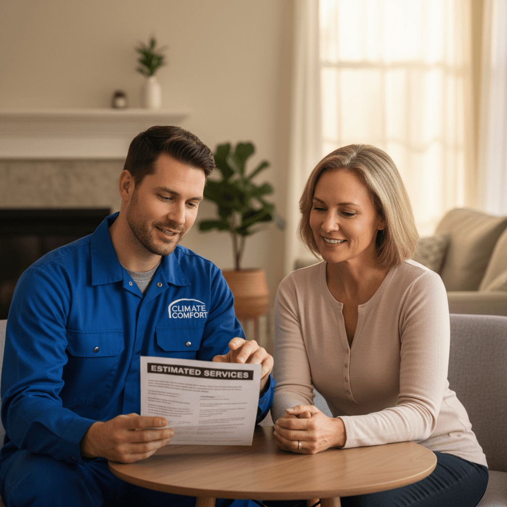 HVAC technician explaining upfront pricing estimate to customer