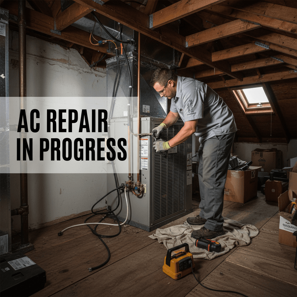 HVAC technician servicing AC unit in attic