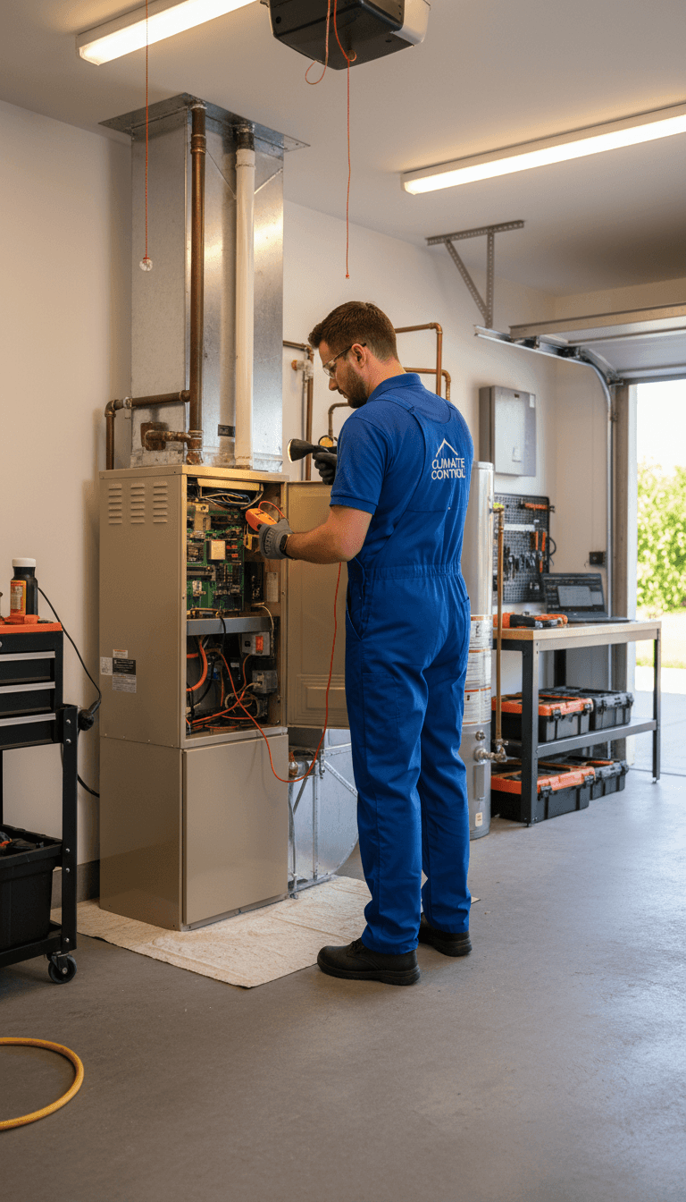 Technician checking heating system components with diagnostic tools