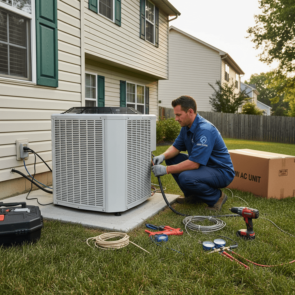 HVAC technician working on AC installation