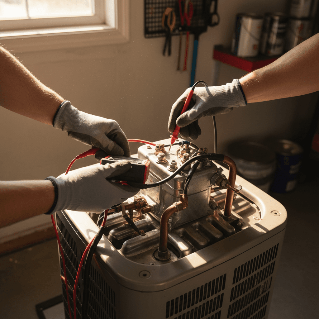 AC repair technician inspecting compressor