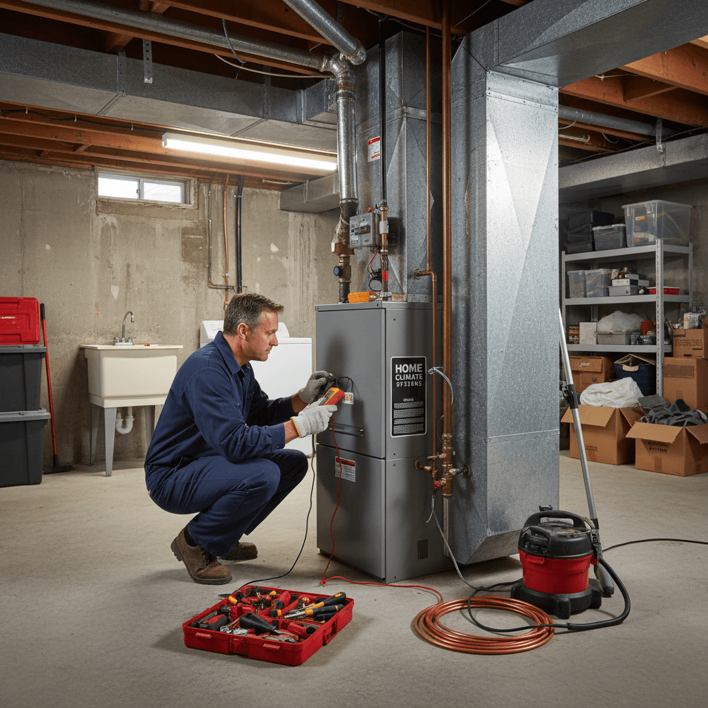HVAC technician performing heating system repair