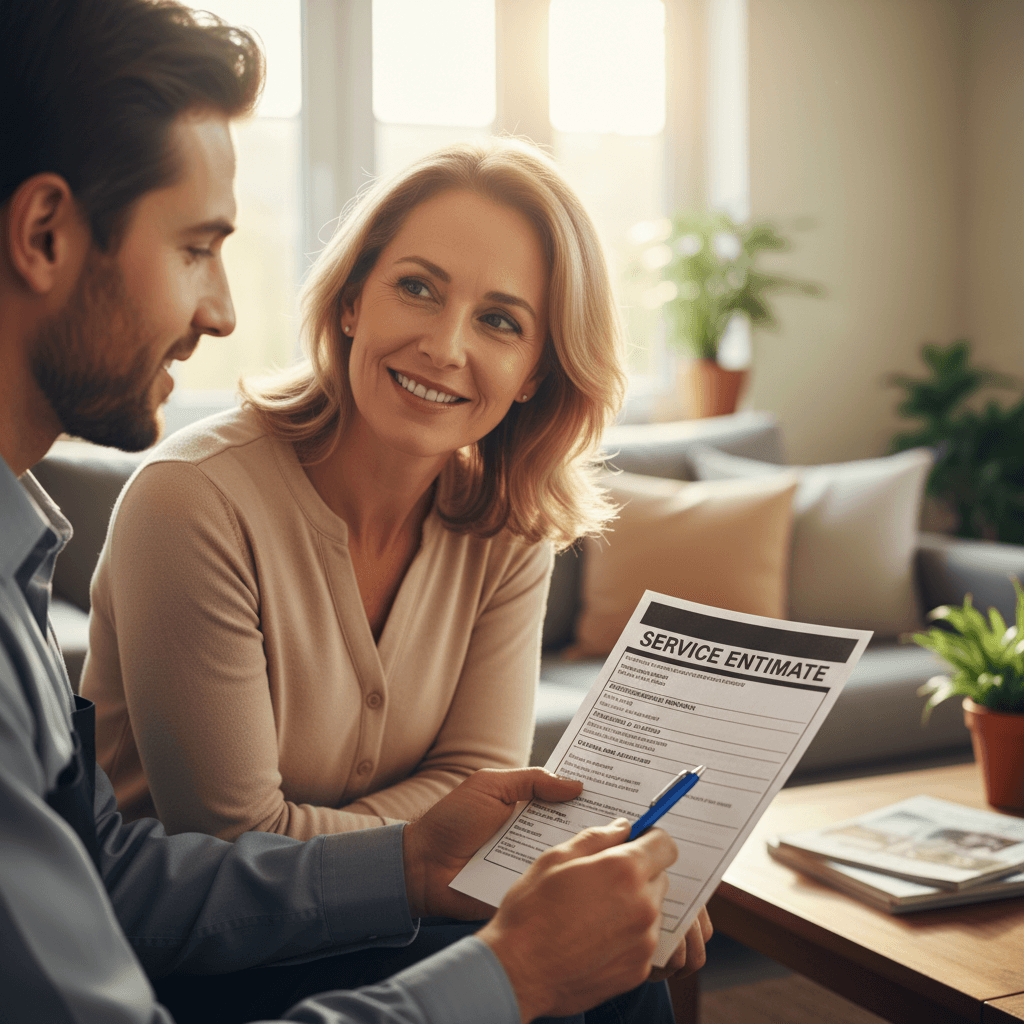 HVAC technician reviewing service estimate with homeowner