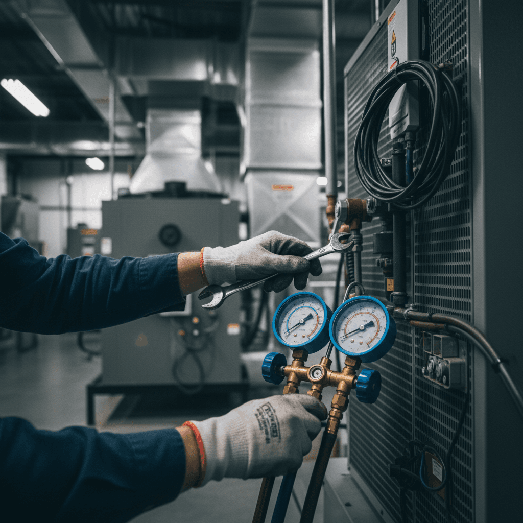 Commercial AC repair technician adjusting HVAC unit