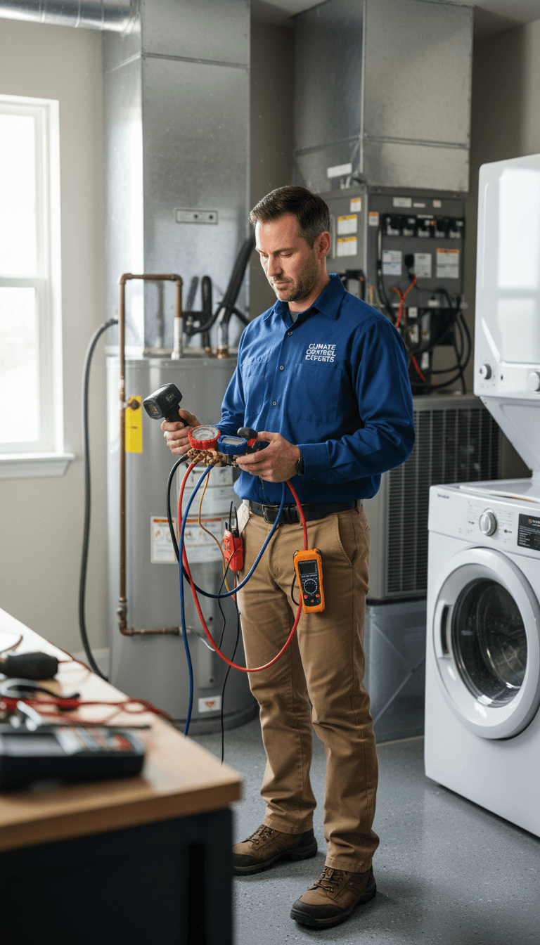 HVAC technician with diagnostic equipment ready to inspect system