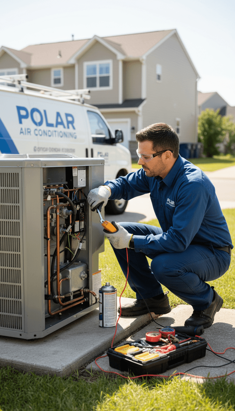 AC repair technician servicing outdoor unit