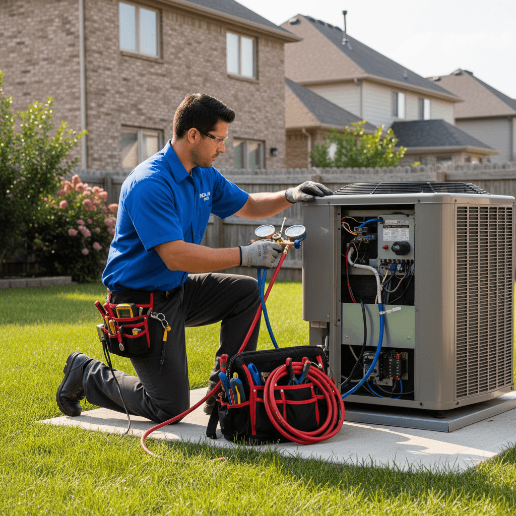 HVAC technician working on AC unit