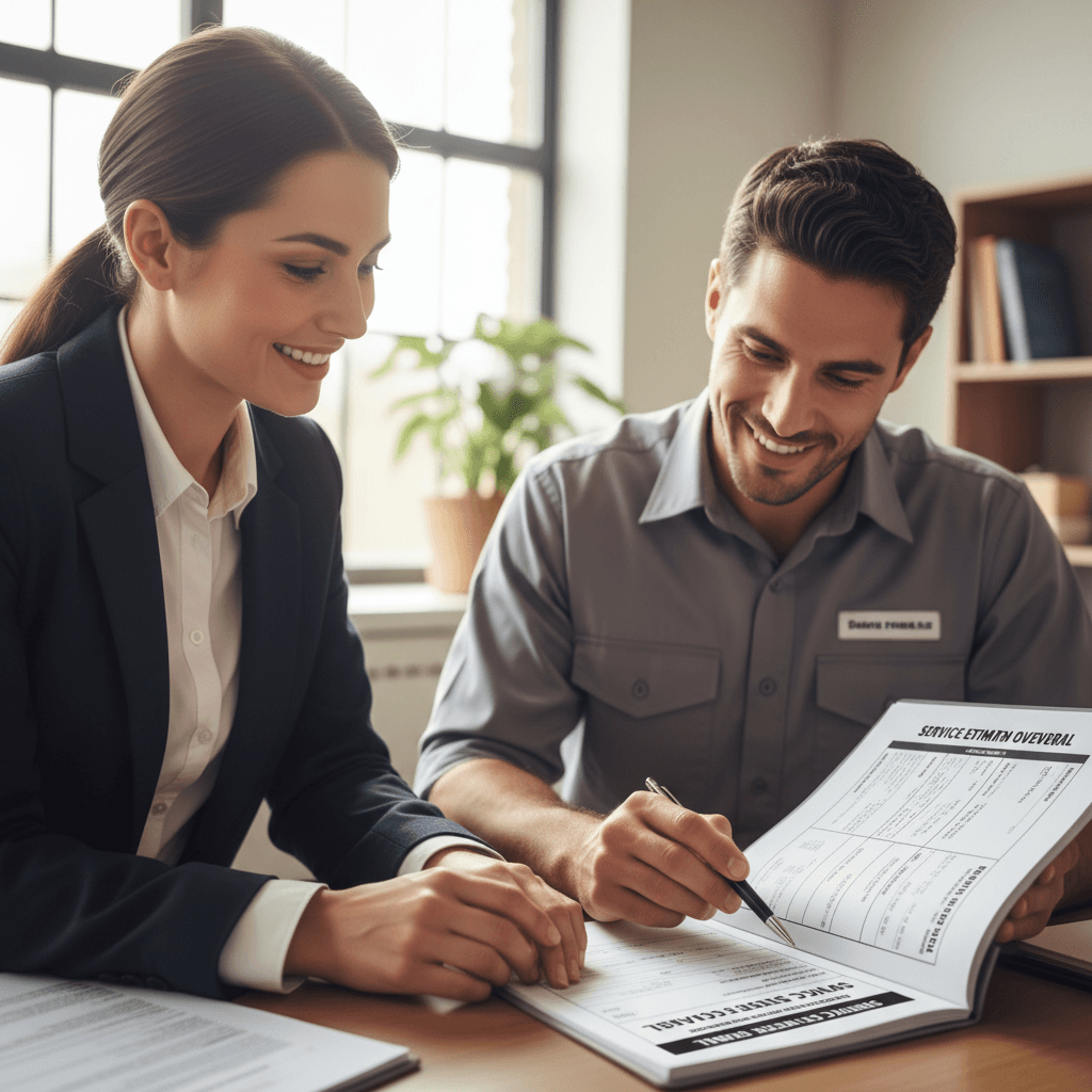 HVAC technician explaining service estimate to business owner