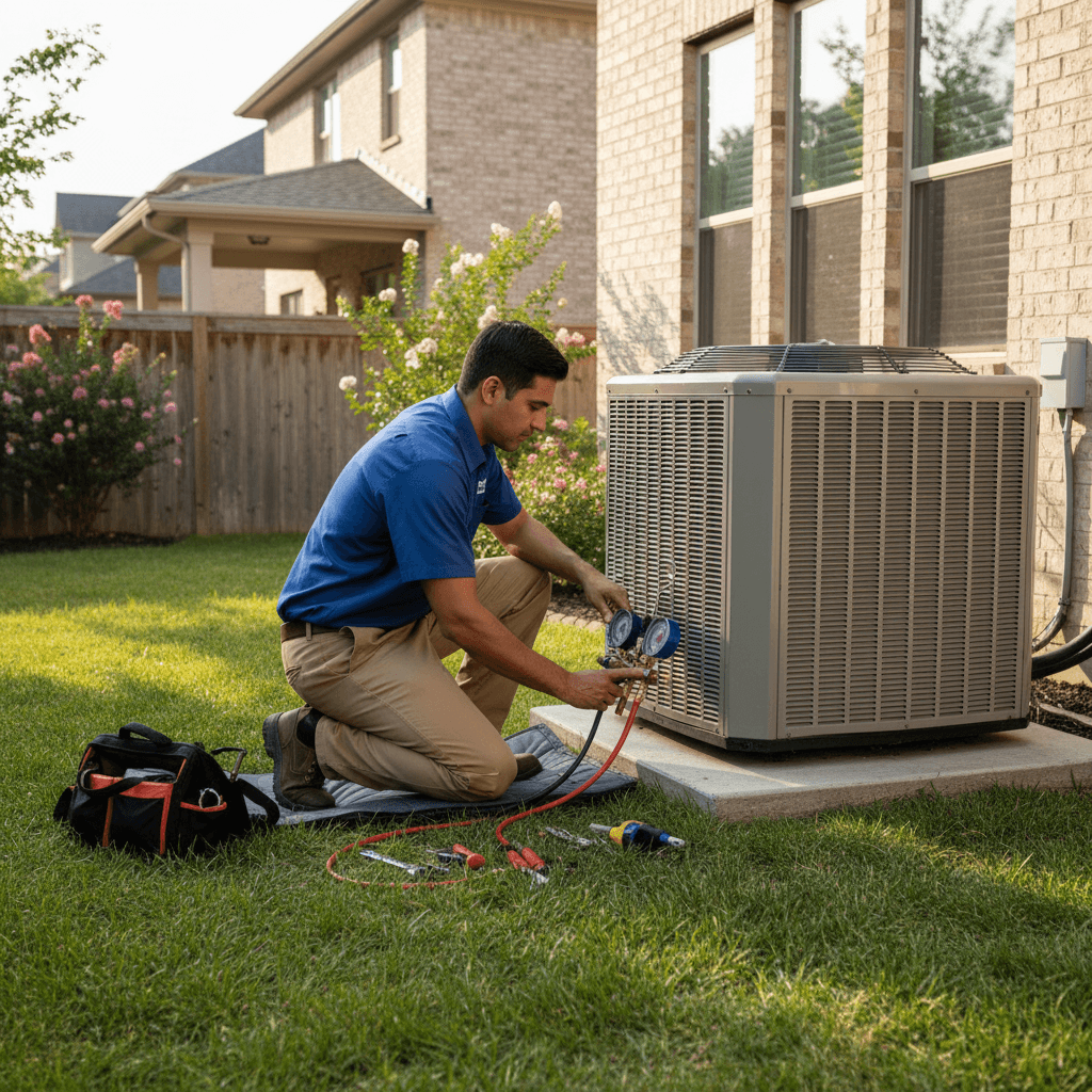 HVAC technician performing AC repair on outdoor unit