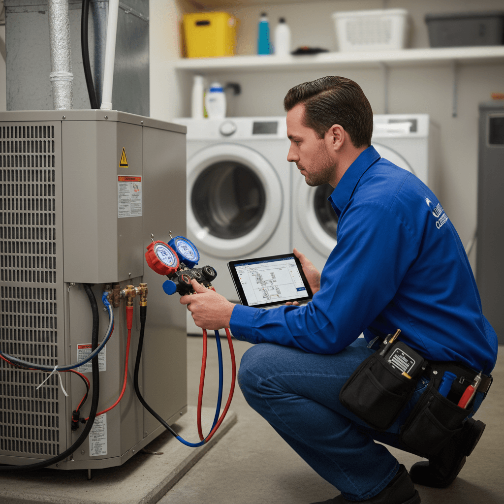 HVAC technician diagnosing AC system